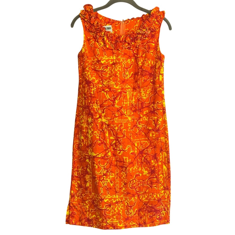 Vintage Island Togs Hawaii Batik Ruffle Neck Cotton Shift Dress Orange Maui